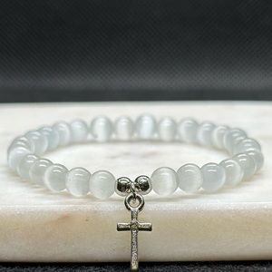 White Cat Eye Opal Bracelet - Cross Charm Bracelet